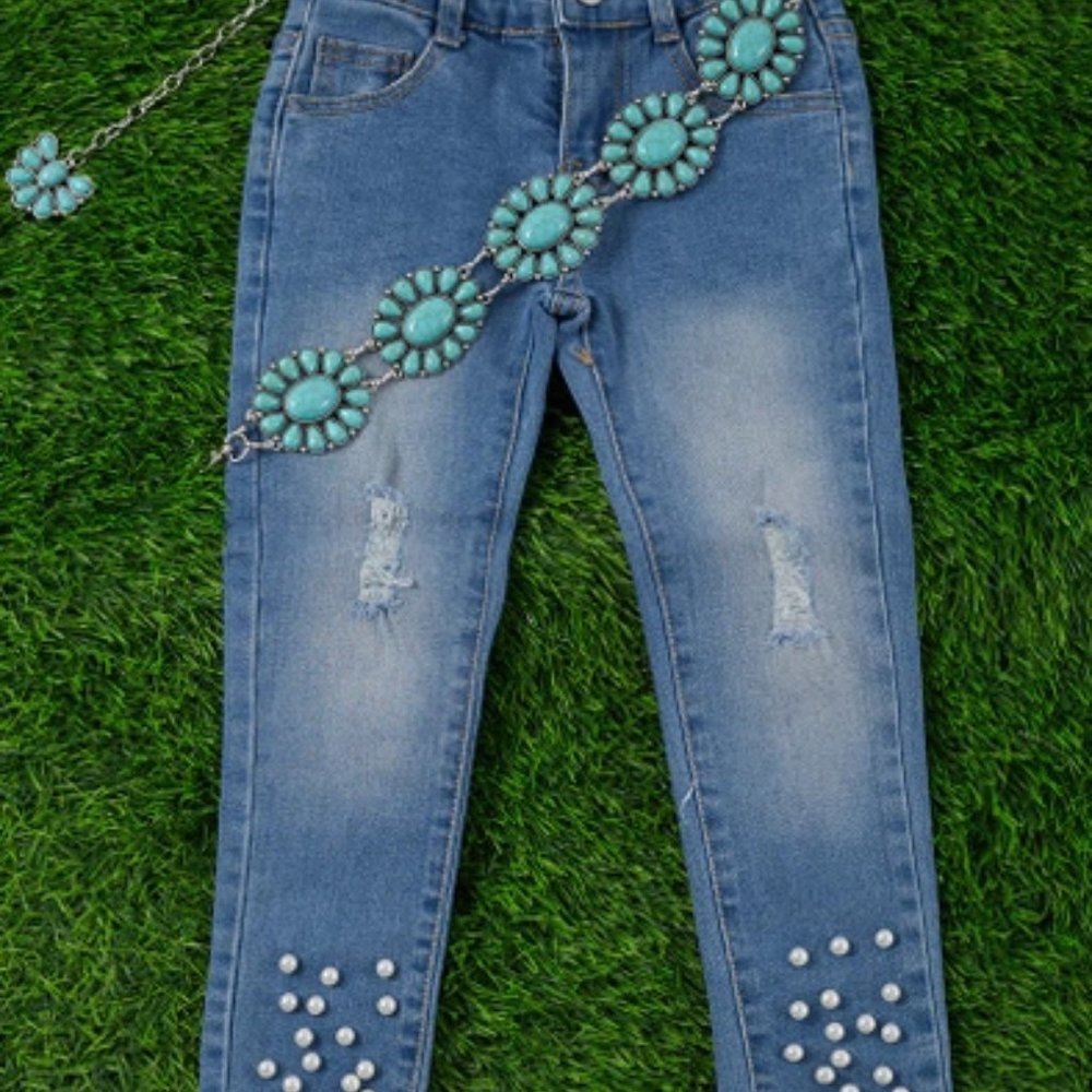 Girl's Distressed Skinny Jeans with Snapped Pearls